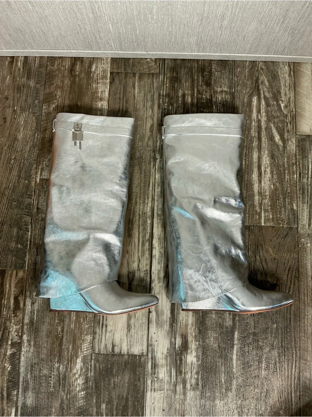 NWOB Fashion Nova Metallic Silver Knee-High Wedge Boots Size 9